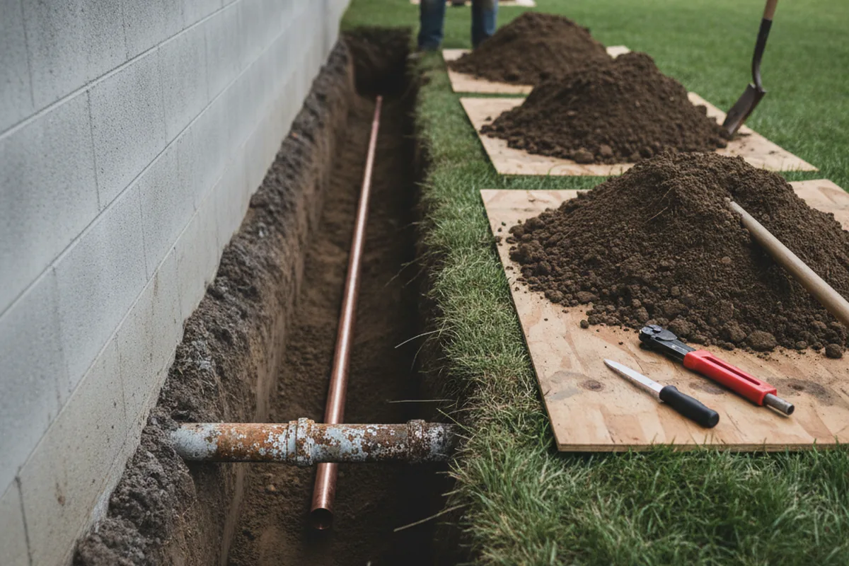 Excavated water line trench during Sewer Line Repair in Middle Haddam